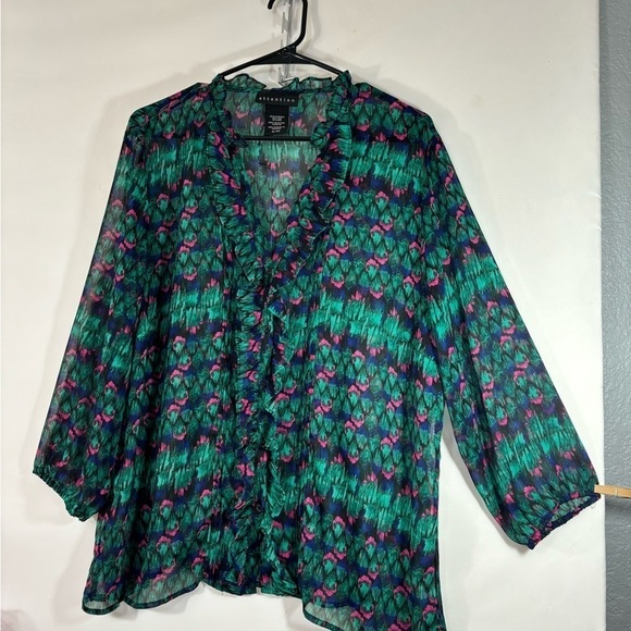 3/4 sleeve teal green & hot pink print blouse with ruffle around neck and front - Picture 1 of 6